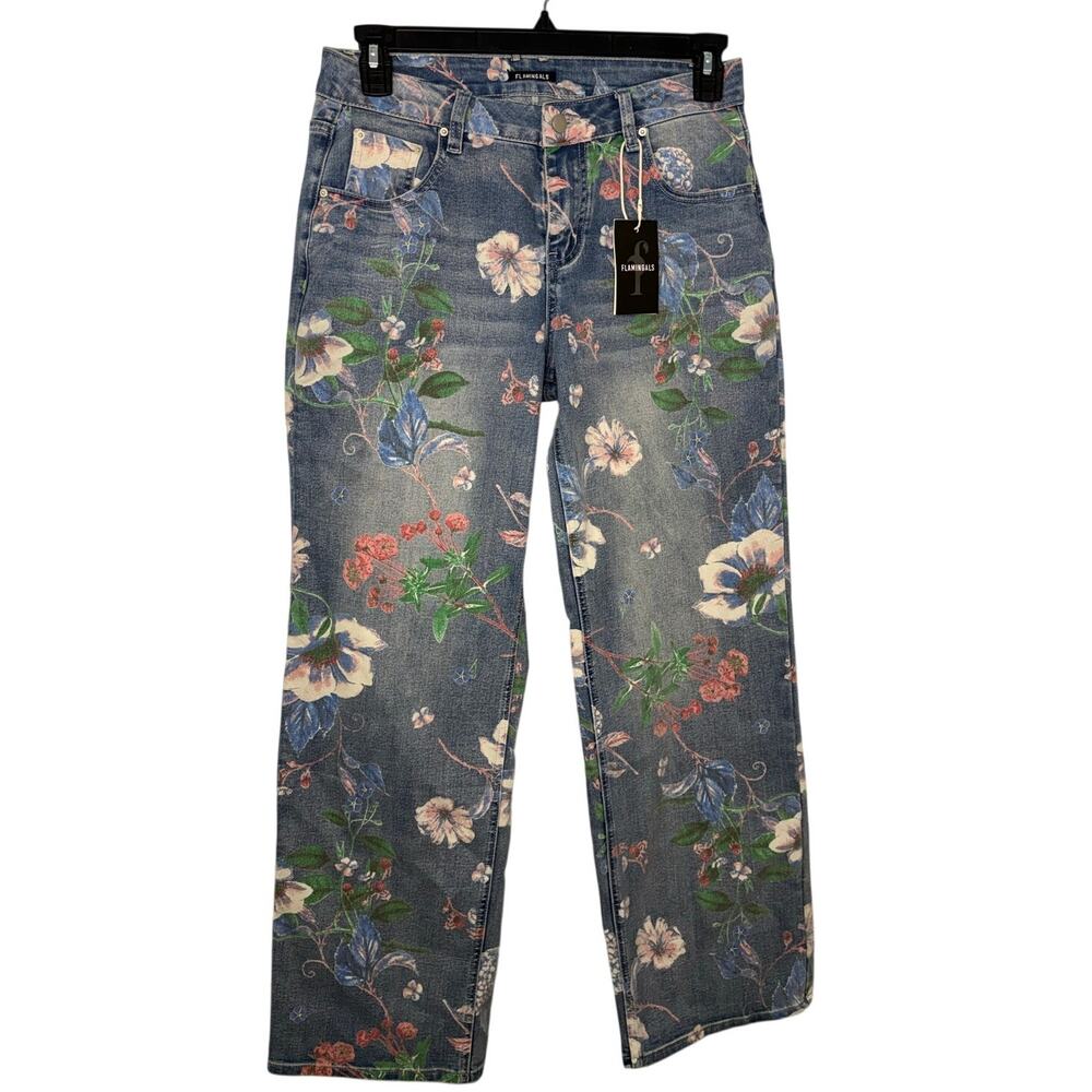 Flamingals Floral Barrel Leg Jeans Floral Print Medium Mid Rise Light Wash NWT